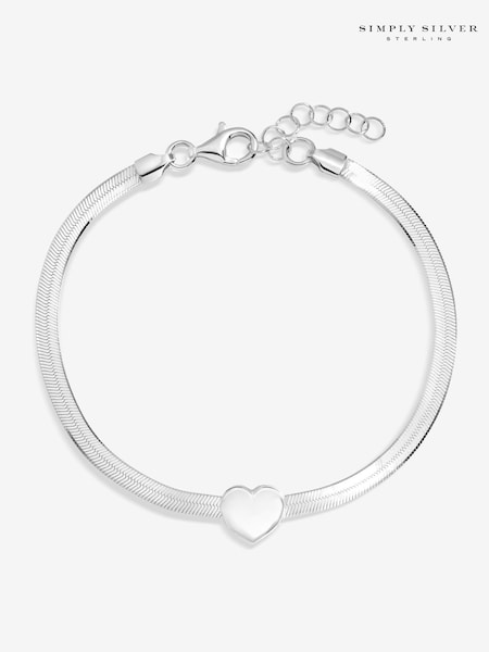 Simply Silver Silver Tone Sterling 925 Polished Snake Chain Puff Heart Bracelet (H96871) | £60