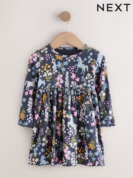 Navy Unicorn Long Sleeve Ribbed Dress (3mths-7yrs) (H96941) | £7 - £9