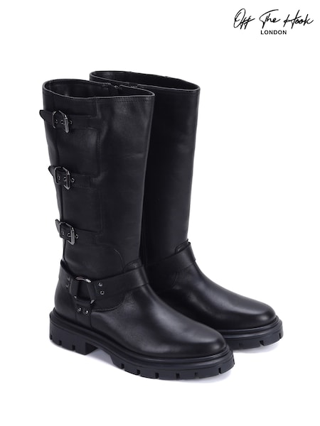 Off The Hook Black Mauley Mid-Calf Leather Boots with Side Buckle (H96964) | £72