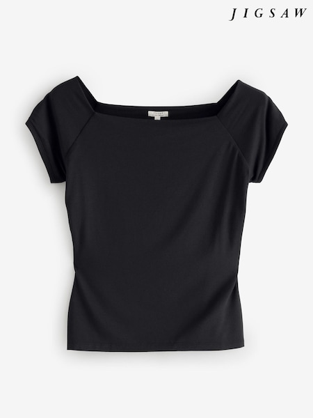 Jigsaw Black Boatneck Cap Sleeve Jersey Top (H97031) | £59