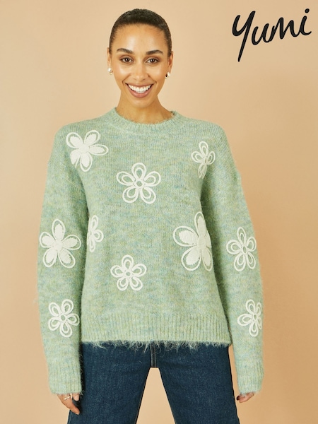 Yumi Green Relaxed Knitted Jumper With Crochet Flowers (H97041) | £50