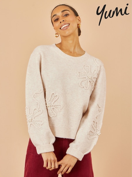 Yumi Natural Knitted Jumper With Floral Applique (H97047) | £50