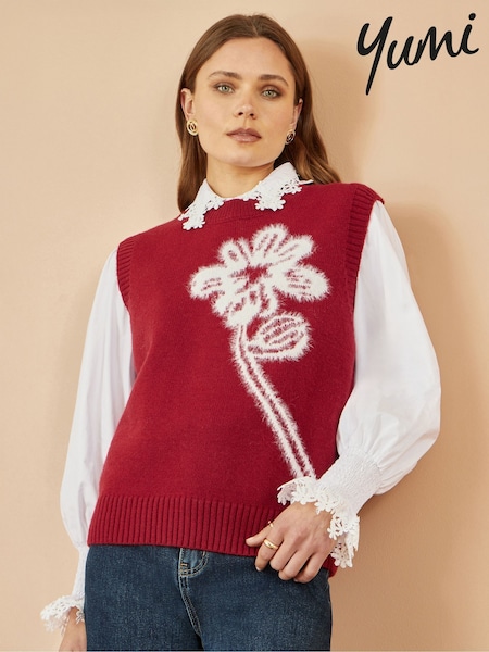 Yumi Red Knitted Flower Sleeveless Jumper Vest (H97049) | £45