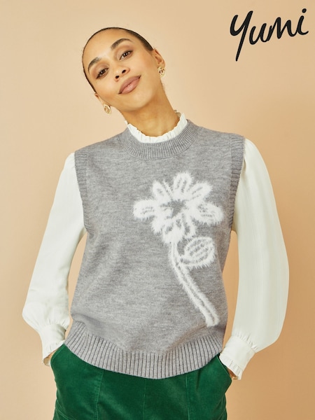 Yumi Grey Knitted Flower Sleeveless Jumper Vest (H97050) | £45