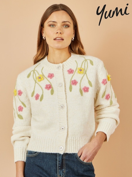 Yumi Cream Flower Embroidered Chunky Knit Cardigan (H97053) | £60