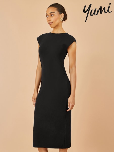 Yumi Black Knitted Ruched Midi Dress (H97060) | £55