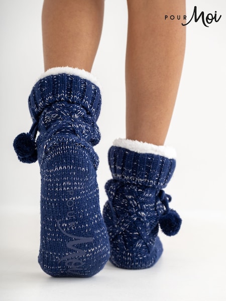 Pour Moi Blue Cosy Cable Knit Lined Slippers Socks (H97147) | £18