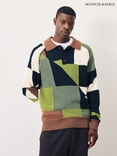 Scotch & Soda Green Patchwork Cotton Long Sleeve Polo Shirts (H97346) | £125