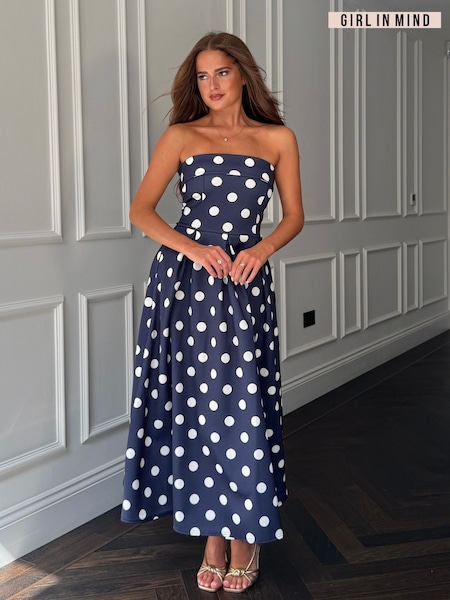 Girl In Mind Navy Danni Strapless Bandeau Polka Dot Midi Dress (H97352) | £50
