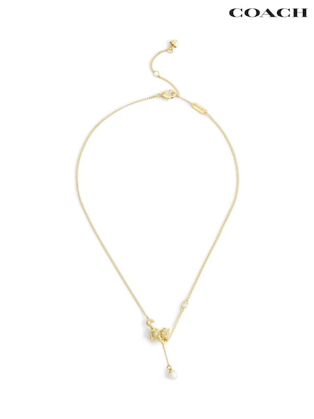 COACH Gold Tone Signature Cat Pearl Pendant Necklace (H97491) | £125