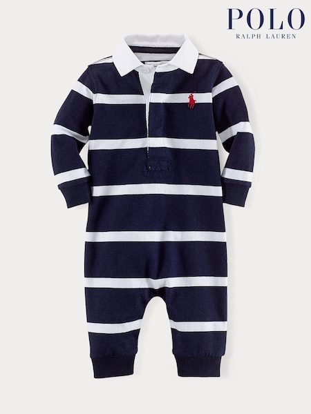 Polo Ralph Lauren Blue Baby Stripe Rugby Romper (H97612) | £75