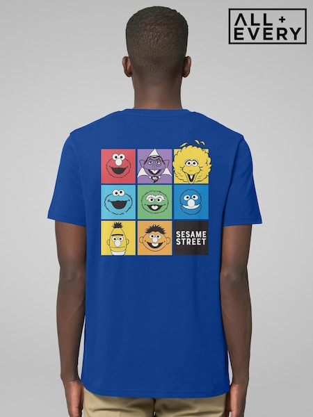 All + Every Blue Sesame Street Colour Tile Faces Back Print Mens T-Shirt (H97736) | £25