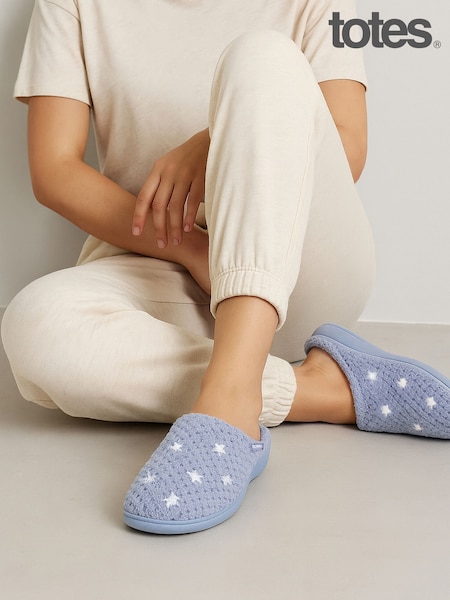 Totes Blue Isotoner Ladies Popcorn Terry Mule Slippers (H97752) | £22