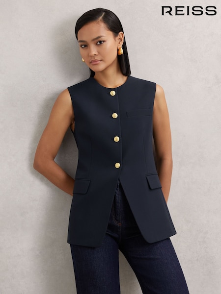 Reiss Navy Athena High-Neck Longline Waistcoat (H97783) | £190