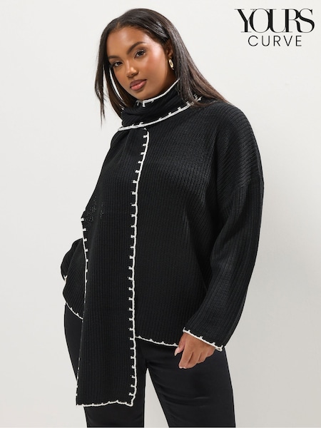 Yours Curve Black Blanket Stitch With Scarf Jumper (H98009) | £37