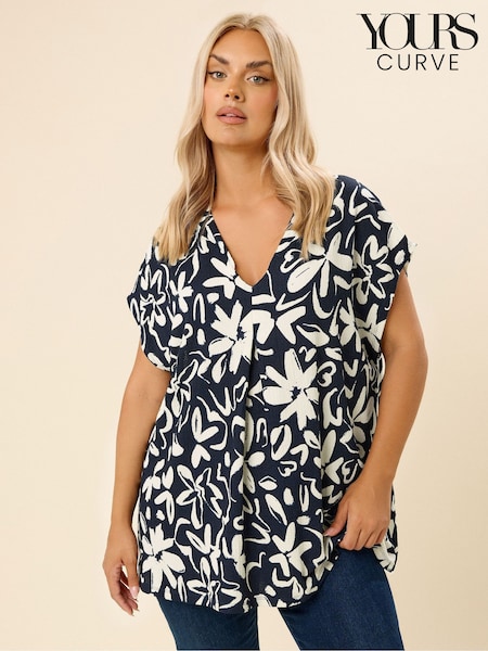 Yours Curve Blue Floral Textured Pleated Front Blouse (H98012) | £24