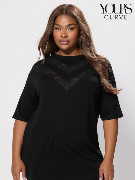 Yours Curve Black Oversized Lace Chevron T-Shirt (H98031) | £24