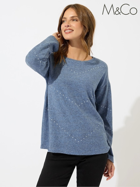 M&Co Blue Pearl Studded Jumper (H98037) | £33