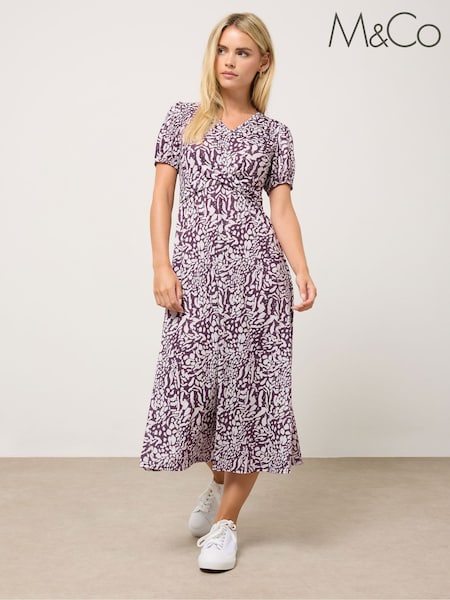 M&Co Purple Petite Abstract Print Twist Front Dress (H98245) | £38