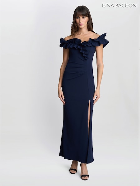 Gina Bacconi Blue Viola Ruffle Top Maxi Dress (H98276) | £290