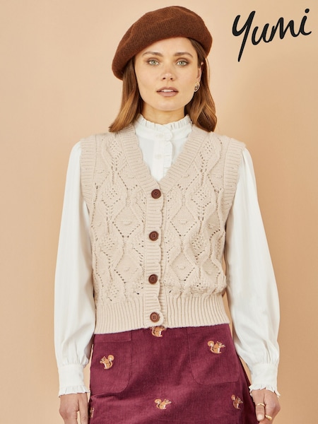 Yumi Cream Button Up Chunky Cable Knit Waistcoat (H98354) | £45