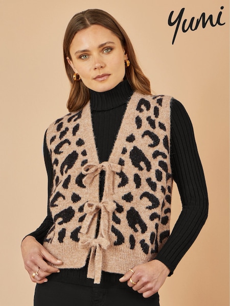Yumi Natural Animal Print Intarsia Tie Front Waistcoat (H98359) | £45