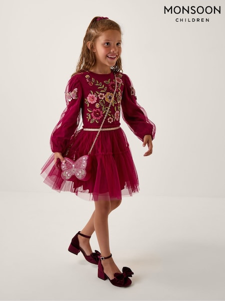 Monsoon Red Floral Embroidered Butterfly Disco Dress (H98483) | £38 - £43