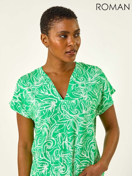 Roman Green Printed V-Neck Stretch Blouse (H98741) | £32