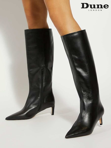 Dune London Black Smoothly Kitten Heel Point Knee Boots (H99345) | £199