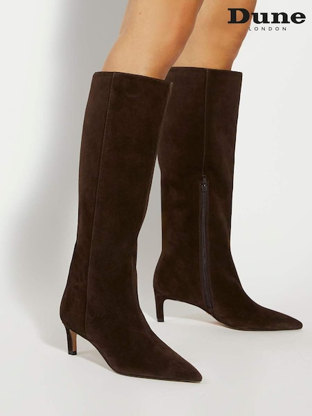 Dune London Brown Smoothly Kitten Heel Point Knee Boots (H99361) | £199