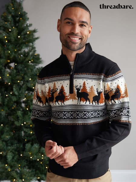 Threadbare Black Reindeer Fairisle Quarter Zip Jumper (H99433) | £24