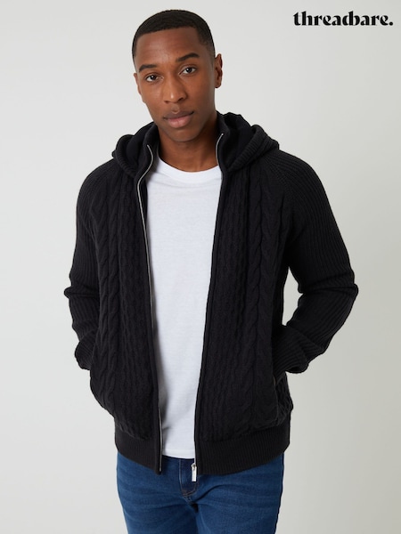 Threadbare Black Cable Knit Microfleece Lined Zip Through Hoodie (H99440) | £38