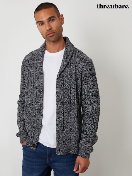 Threadbare Blue Cable Knit Shawl Collar Cardigan With Wool (H99444) | £30