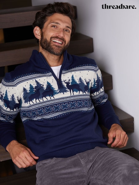 Threadbare Blue Reindeer Fairisle Quarter Zip Jumper (H99445) | £24