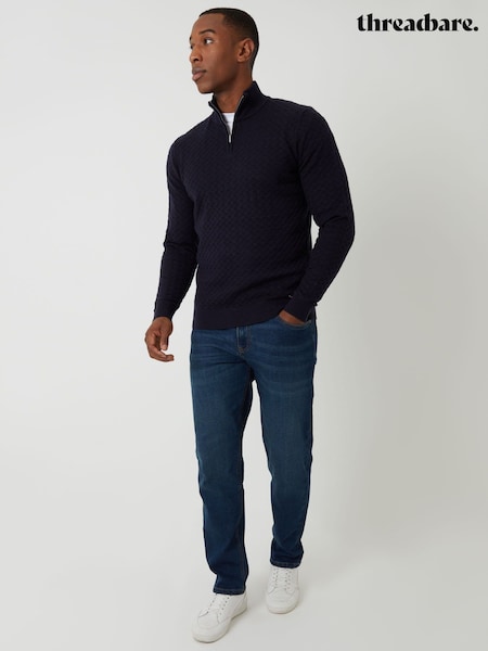 Threadbare Blue Textured Cable Knit Quarter Zip Jumper (H99454) | £28