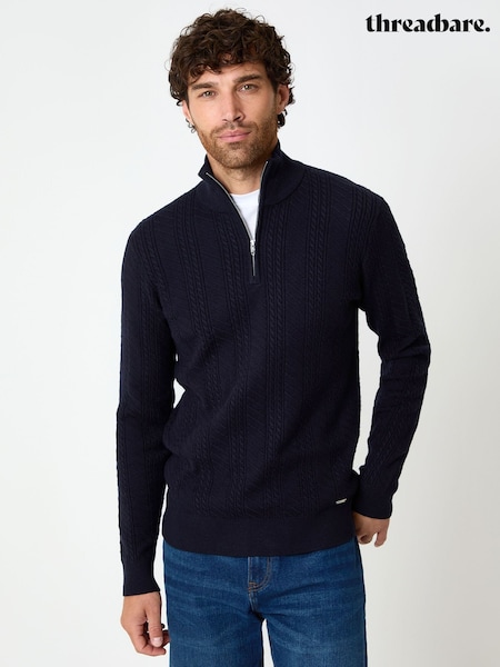 Threadbare Blue Cable Knit Quarter Zip Jumper (H99457) | £24