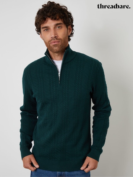 Threadbare Green Cable Knit Quarter Zip Jumper (H99466) | £24