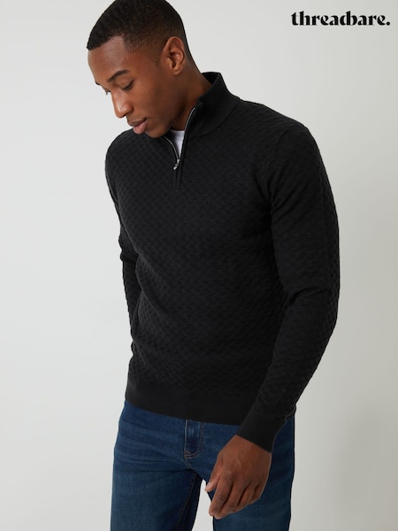 Threadbare Black Textured Cable Knit Quarter Zip Jumper (H99469) | £28