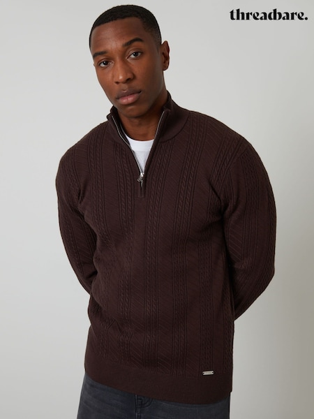 Threadbare Brown Cable Knit Quarter Zip Jumper (H99474) | £24