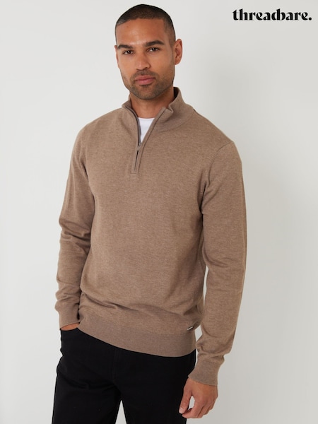 Threadbare Brown Funnel Quarter Zip Knitted Jumper (H99485) | £24
