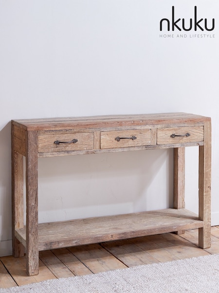 Nkuku Natural Ibo Reclaimed Wood 3 Drawer Console Table (H99547) | £750