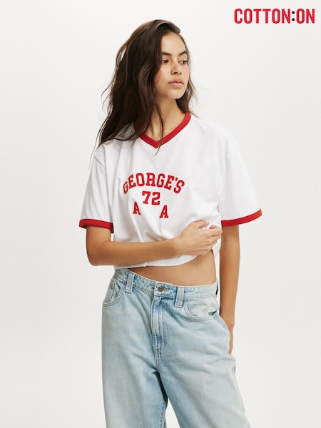 Cotton On White V-Neck Boxy Crop Graphic T-Shirt (H99755) | £18