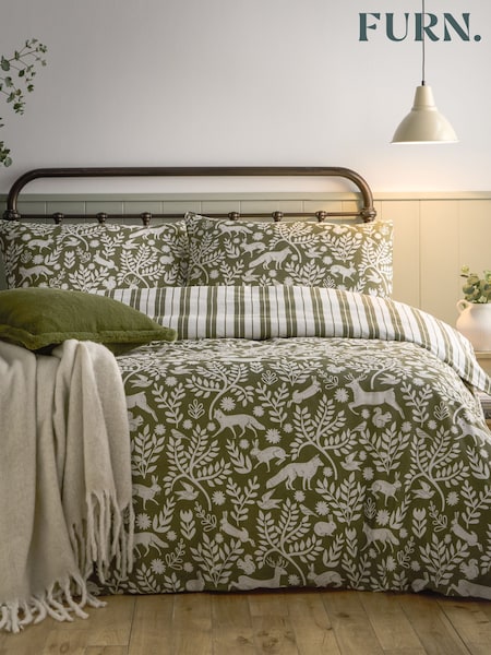 Furn Thyme Green Skandi Woodland Brushed Cotton Duvet Cover Set (H99894) | £30 - £50