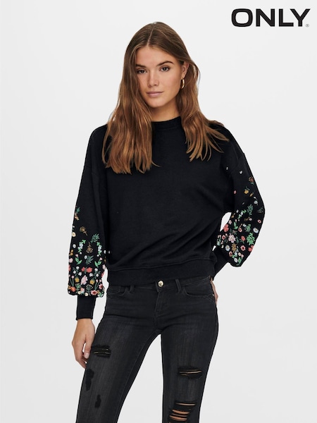 ONLY Black Long Sleeve Flower Detail Jumper (H99980) | £26