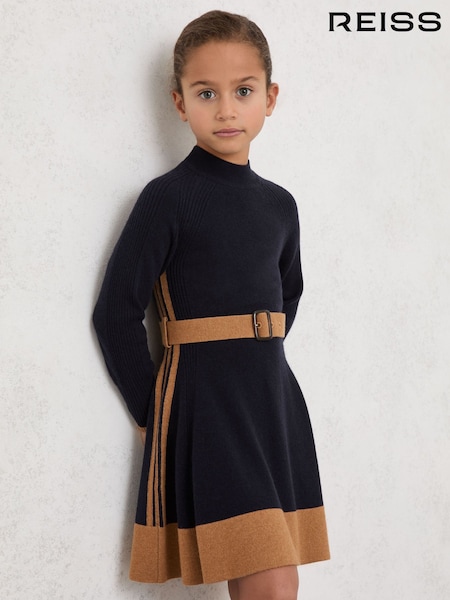 Reiss Navy Margaret 3-9 yrs Wool-Blend Belted Knitted Dress with Cashmere (H99998) | £70