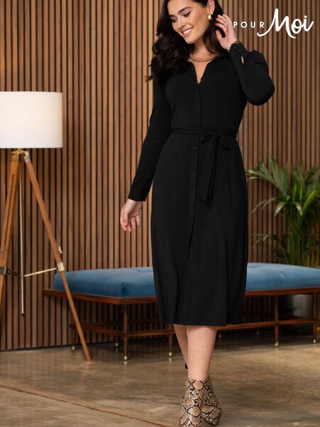 Pour Moi Black Bailey Slinky Recycled Jersey Midi Shirt Dress (K07868) | £24