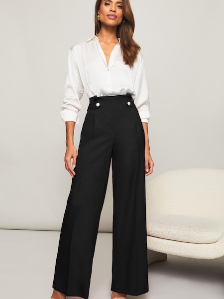 Lipsy Black Petite High Waisted Military Button Wide Leg Trousers (K36594) | £7 - £13