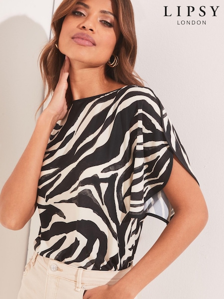 Lipsy Black Zebra Split Flute Sleeve Round Neck Top (K41595) | £4 - £7
