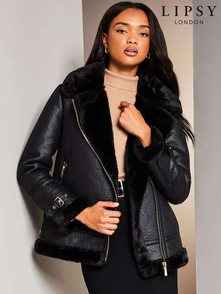 Lipsy Black Faux Fur Lined Aviator Jacket (K43573) | £33