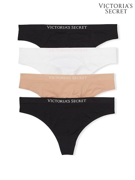 Victoria's Secret Black/Nude/White Thong Logo 4 Pack Knickers (K45508) | £20